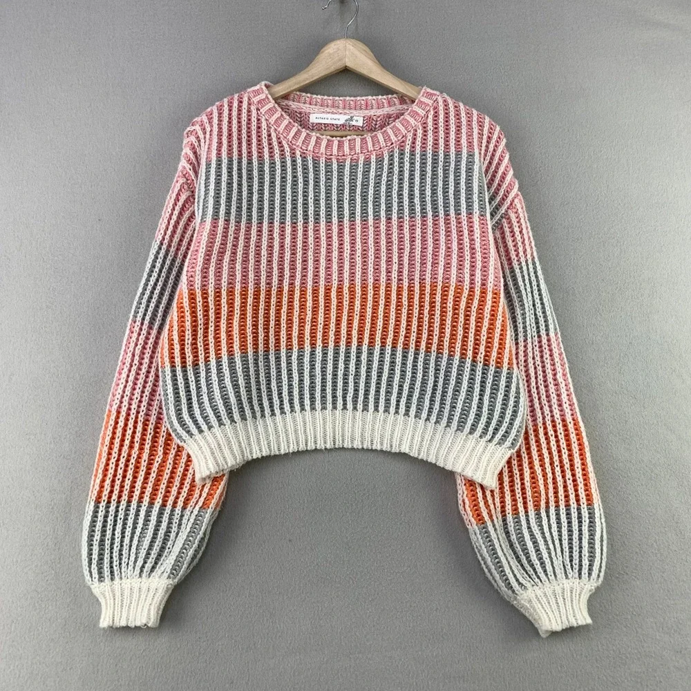 Altar'd State Sweater Womens XS Multi Color Striped Cropped Knit Boho Oversized